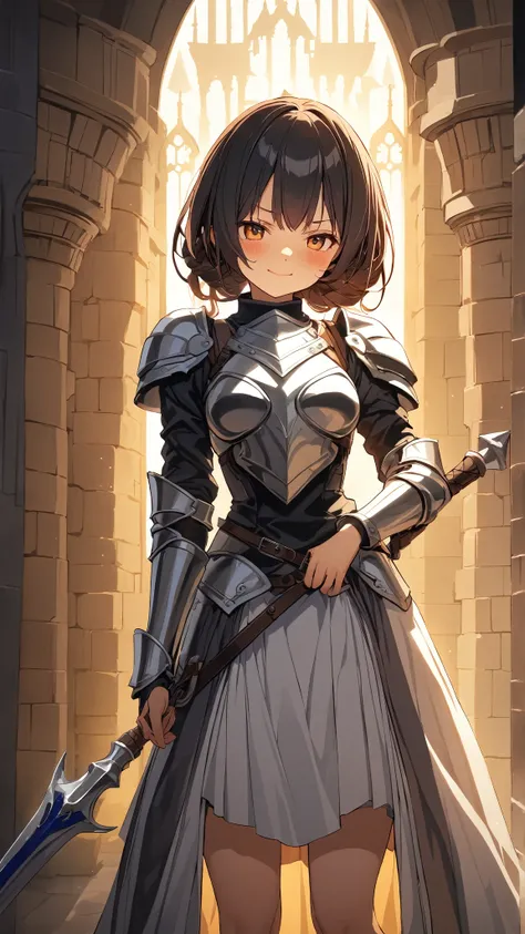 1 girl, (cute face), 18 years old, to many hairstyle, blush, smug, biting closed mouth, medium breasts, wearing DQ3 style knight Armor, knee length, standing, (hand on hilt), for glossy skin, cowboy shot, Break 
(natural lighting, ambient light, long shado...