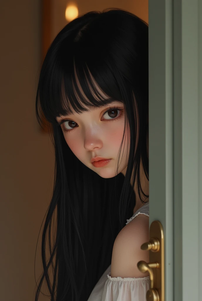 Girl waiting for something she ordered online , behind the door, long black hair, bang, pale white skin, realistic ,realistic texture 