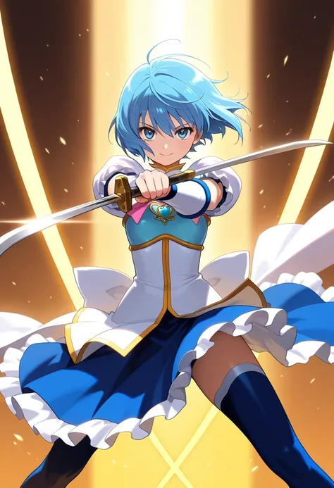 masterpiece, best quality, very aesthetic,dramatic lighting,1girl, solo,short cut,blue hair,magical_girl, smile, dynamic_pose, holding blade,twin blade,swords