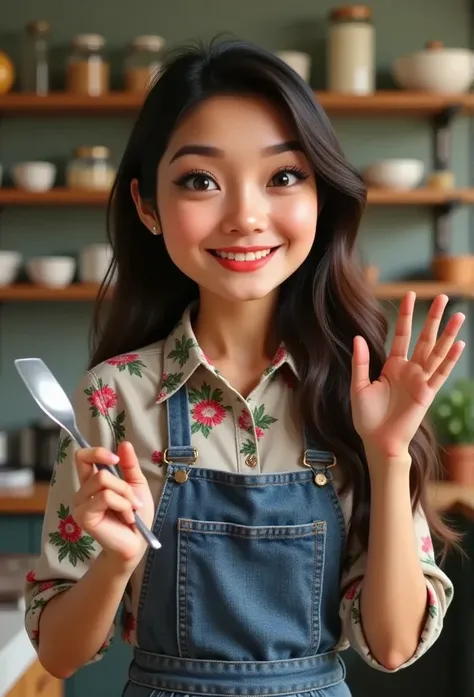 3D animation pixar of amira with vibrant color palette, amira wearing floral print shirt and blue apron, adorable with long messy wavy hair, spatula on her left hand, she is waving with right hand, standing behind kitchen isle, in homey cosy the kitchen, v...