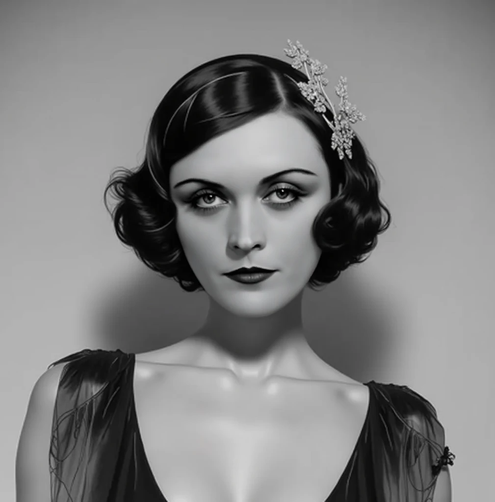 Sexy Pola Negri, Pola Negri hairstyle, Pola Negri hair color, ideal female figure, Makeup in the style of the 30s, slim figure, beautiful blue sexy womens dress from the 30s with a short sleeveless hem, deep neckline, white European woman, beautiful sexy w...