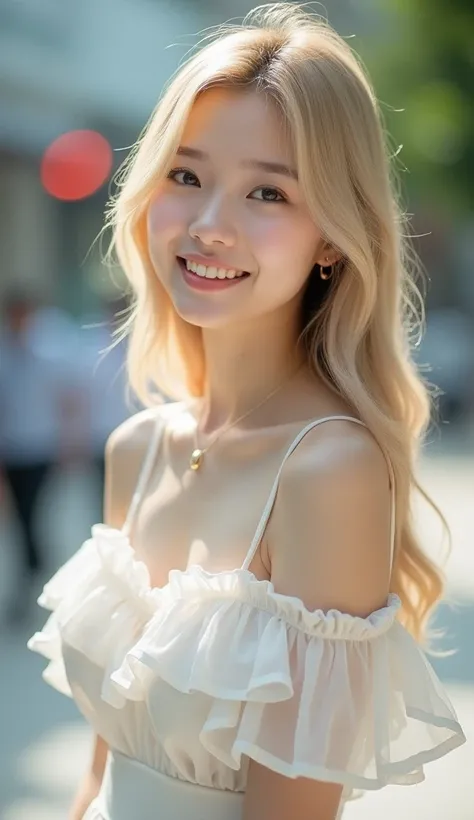    best quality   ,    Masterpiece,Wide angle view,  ไอคอน   high resolution ,   1Asian woman ,  about 22 years old ,Breast CupG  ,White skin,   short white chiffon dress  ,  smileMouth closed   ,Lips,   long blonde hair  ,    exquisitely gorgeous eyes  , ...