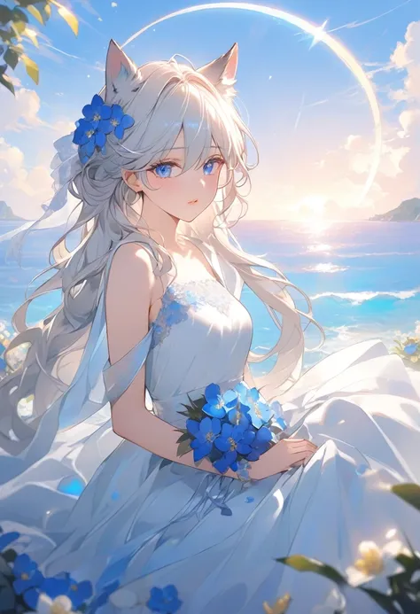 woman with wolf ears and a tail, graceful with an aura that exudes beauty and serenity, thin lips, this character has long white hair and adds blue hair in several strands of her hair like Furina Genshin Impact but her hair is full length unlike Furina her...