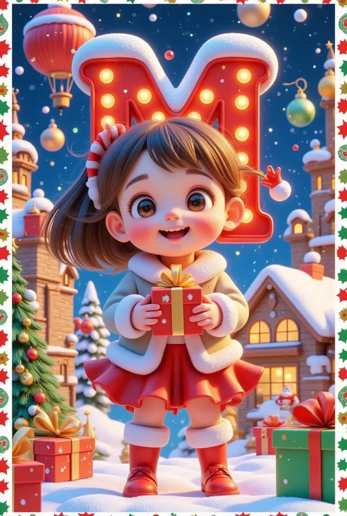 christmas card border ， picture of a girl holding a gift。  crazy christmas  ，  glowing letter m red ，hot air balloon in the sky，...