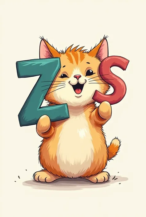 A hand-drawn cat holding the letters Z and S