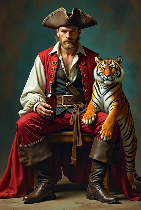 homme pirate blond, barbe courte, roi pirate assis sur un trône de pirate, il a une bouteille de rhum dans les mains, un beau tigre imposant est à ses pieds derrière lui un drapeau avec écrit "Barbe Toune"