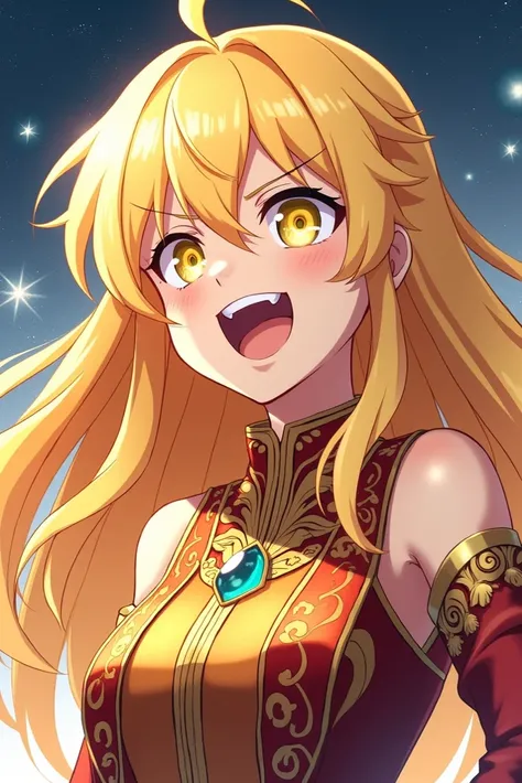 Girl, flowing golden blonde hair, yellow eyes, golden imperial outfit, neckline, anime, the background is a clear sky with twinkling lights, dynamic angle, arrogant laughter