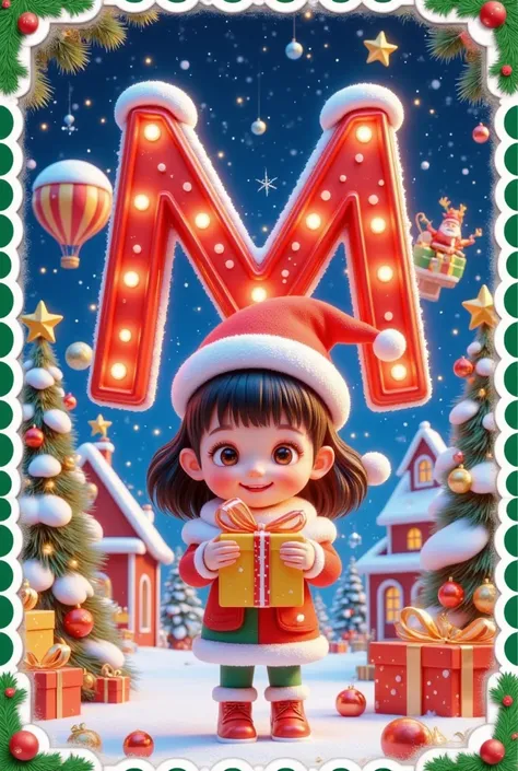  Christmas Card Border ， Picture of a Girl Holding a Gift。  Crazy Christmas  ，  Glowing Letter M Red ，Hot air balloon in the sky，Warm Town  ， Pleasant atmosphere 