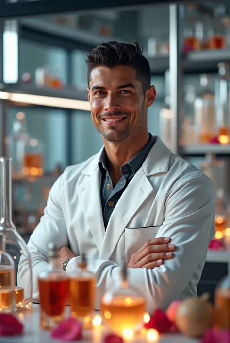 Create an image of handsome perfumer look a like Cristiano ronaldo make perfumes in perfume lab 