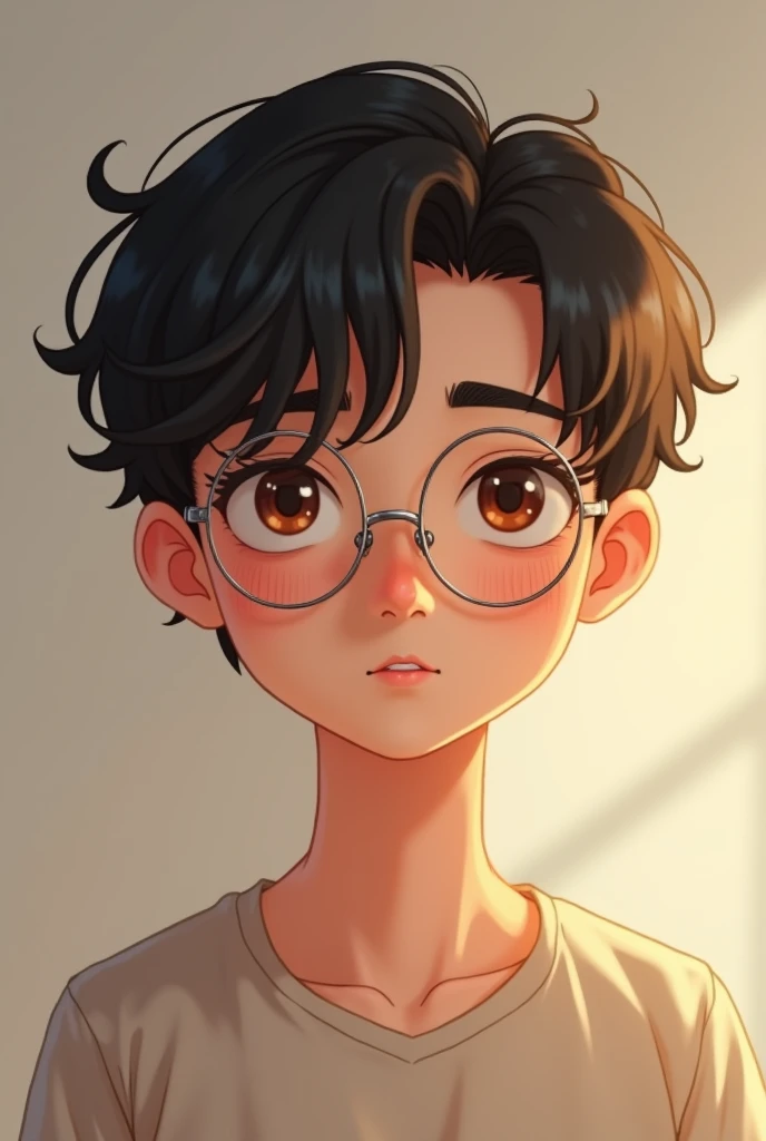  Cute boy wearing silver-rimmed round glasses 、About 25 years old、Soft and fluffy hair 、black hair、cute boy