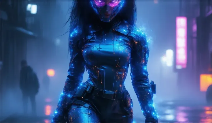 Full-body shot of a mesmerizing cyberpunk policewoman, her sleek metallic armor adorned with intricate circuit patterns, neon lights casting a vibrant glow against the dark urban backdrop. The digital enhancements to her eyes enhance her sharp yet alluring...