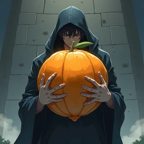 Anime man in a hood hugging orange fruit, standing behind a huge squat