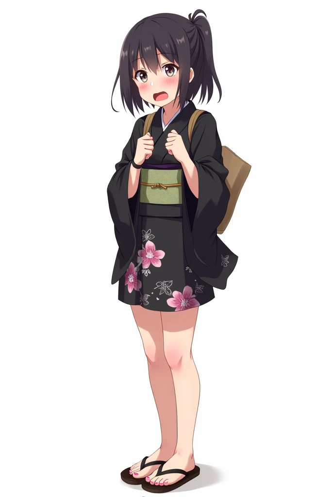 Anime girl with and standing in front of her full legs and geta yukata black and with flowers and worried and with a white background and full body and with pink nails and with fists on her chest both hands with an emotion of nervousness and with an expres...