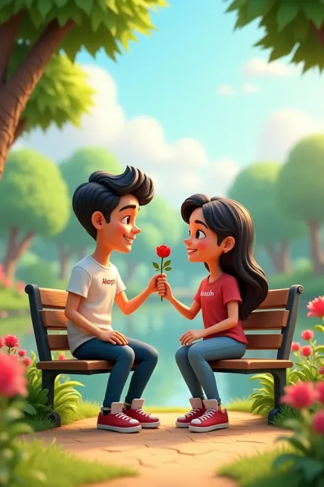 A couple siting on the beautiful park.boyfriend proposed her girlfriend with red rose. Boy wearing a t-shirt wirten his name Akash and girl wearing a t-shirt writen her name Ayesha 3d cartoon
