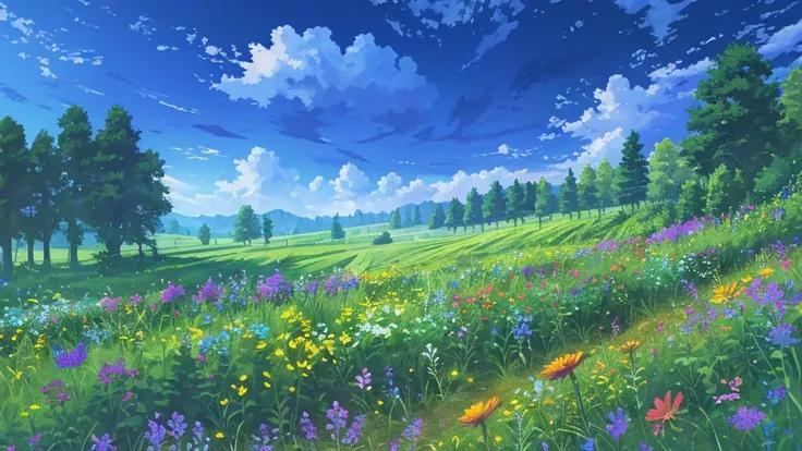 Farm land scenery filled with wild flowers, trees beautiful sky