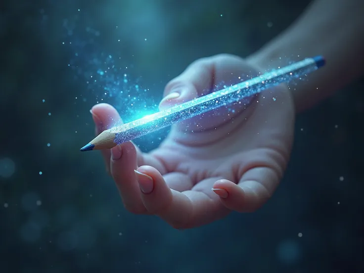 a pencil that shines and sparkles in a s five-fingered hand