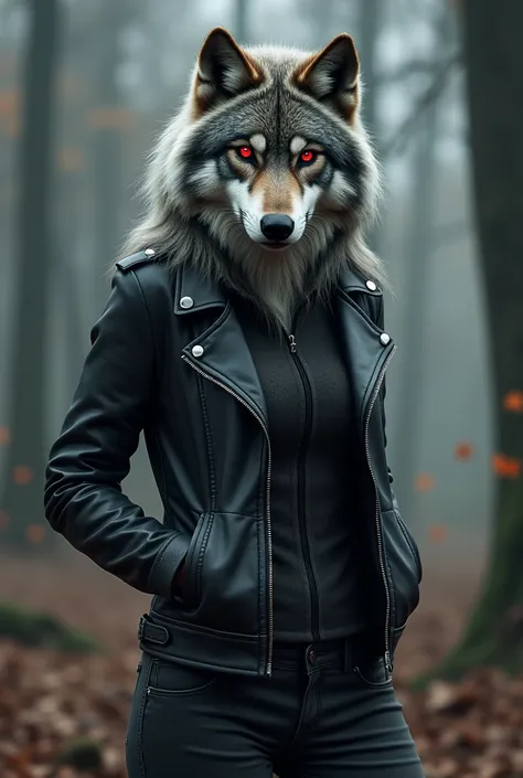 anthro (grey wolf), female, adult, , pants, leather jacket, red glowing eyes, looking at viewer, (realistic fur, fur, realistic fur texture:1), wilderness background, photorealistic, hyper realistic, ultra detailed,