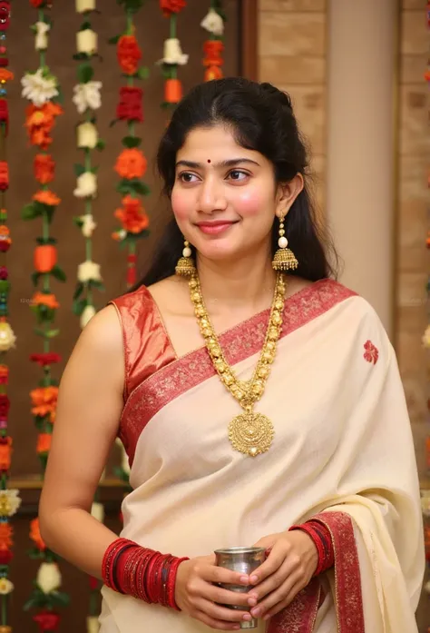 "Create a realistic 8k image of a traditional Indian woman dressed in an elegant cream saree with a rich red border. She is adorned with traditional gold jewelry, including a necklace with pendants and matching earrings, and has jasmine flowers in her neat...