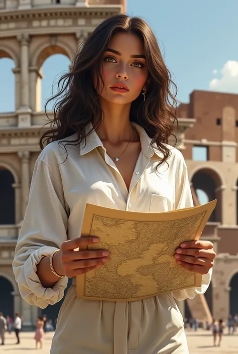  Young Italian woman with wavy dark brown hair slung over her shoulder. Her eyes are sharp and energetic ,  wears a loose white shirt and trousers ,  gives an intellectual yet relaxed impression .  She is holding an old map with a serious face ,  standing ...