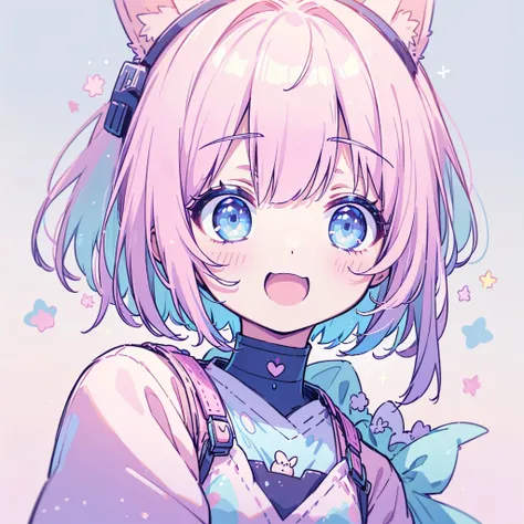 Pastel Theme、1 cute girl、 blue eyes、 Pink Bob Cut 、Bunny ears、 open your mouth and laugh、 tilting your head 、 upper body、 fashionable 、Futuristic clothing、未来的なファッション装飾、（White background：1.2）、whole body、 choker、Futuristic fashion decoration with V、 on the h...