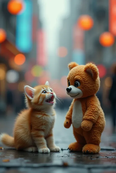  blur the background :1.5、Standing straight in a bear costume :1.5、Fluffys adorable kitten , .  fluffy creatures ,  with big eyes and slightly open mouth ,   the overall mood of the cinematic image is 、 a mix of wonder and excitement , The city of light is...