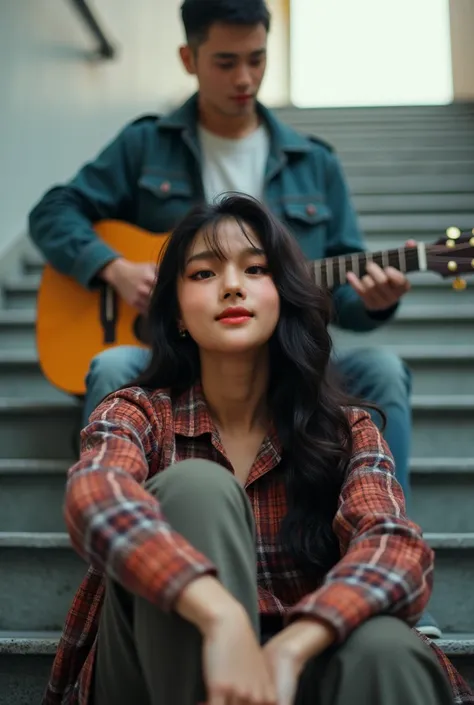 Hyperrealistic, dynamic pose look at camera no blurry effect, raw image, Nikon camera, photography model on public large stair, stylish singer beautiful southeast Indonesia asian woman wearing sweater jeans beautiful facial features her sitting and Indones...