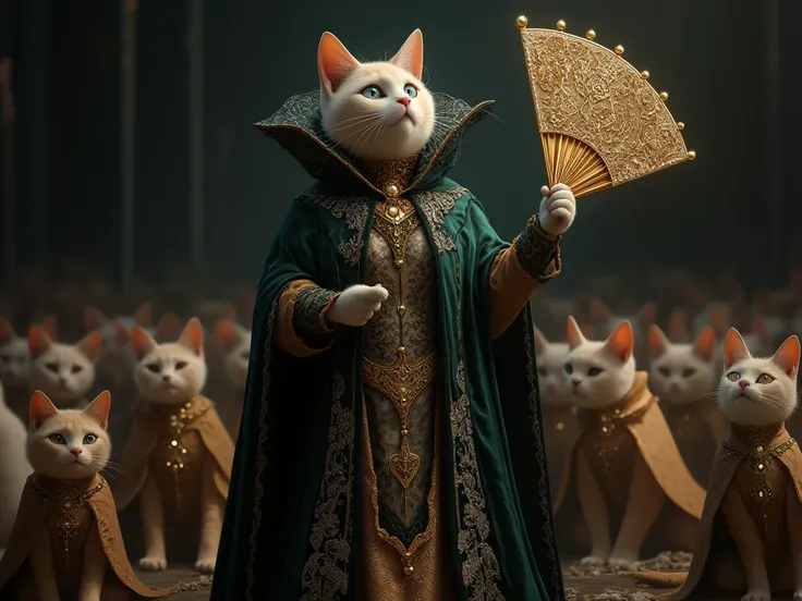 (gold style), Photorealistic, 64K, a scene featuring a regal, cute, chubby cat queen standing upright at the center of attention. The queen cat is dressed in an opulent, Elizabethan-inspired gothic costume with a high-collared cloak adorned with intricate ...