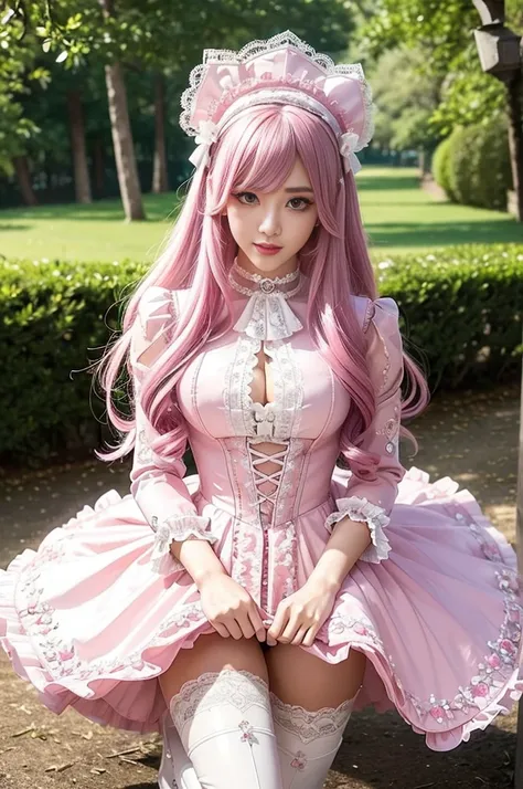 sexy stylish Swedish model, only 1 female, ((doll-like appearance)), long neon pink stylish hair, ((shiny Victorian-Style boots)), (big smile), ultra detailed eyes, vivid eye makeup, lipgloss, long lashes, defined eyebrows, ((sexy Paradise Kiss cosplay)), ...