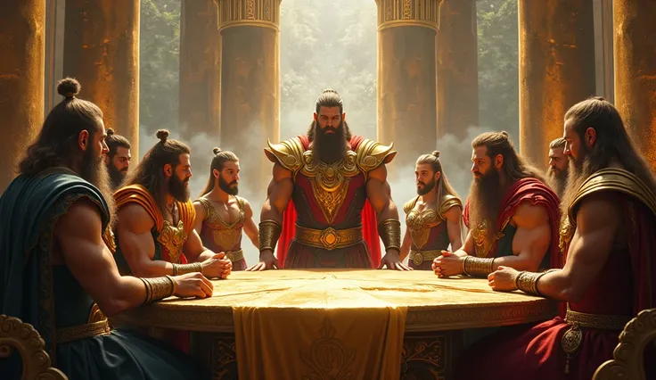 The Gods Deliberate
"The gods, seated at a long golden table in Asgard, lean in with intrigued expressions as the giant lays out his plans for an impregnable wall. Freya, standing at the edge, looks suspicious and uneasy."

2. The Giants Bold Offer