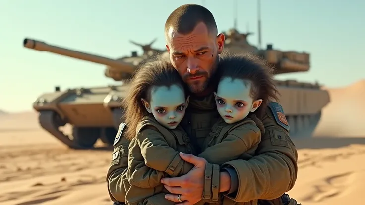 a soldier carrying two little blue alien girls, soldiers, tank, desert, best quality, 4k, 8k, highres, masterpiece:1.2, ultra-detailed, realistic, photorealistic, photo-realistic:1.37, HDR, UHD, studio lighting, ultra-fine painting, sharp focus, physically...