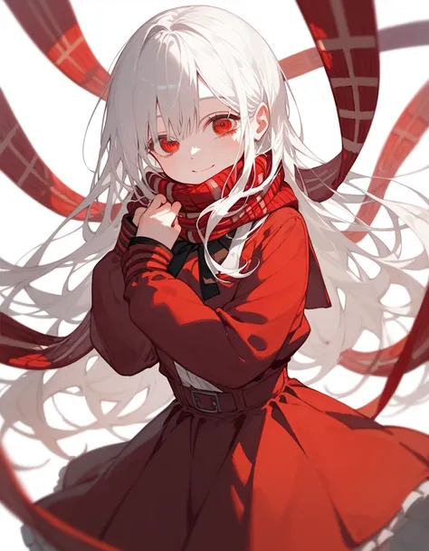 1 person,girl,White hair, long hair knit on one side,White hair, in red eyes ,shy,Black sleeved shirt , red skirt,Dark circles under the eyes,smile, chainsaw blood ,, put on a scarf ,Super cute