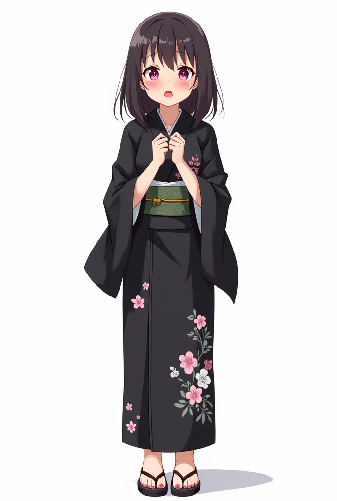 Anime girl with and standing in front of her full legs and geta yukata black and with flowers and worried and with a white background and full body and with pink nails and with fists on her chest both hands with an emotion of nervousness and with an expres...