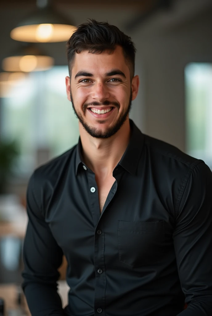 Take the provided image of a 26-year-old man with short, dark hair and a neatly trimmed beard, and enhance it to look like a professional LinkedIn profile photo. Maintain the same youthful yet confident facial features, expression, and hairstyle. The subje...