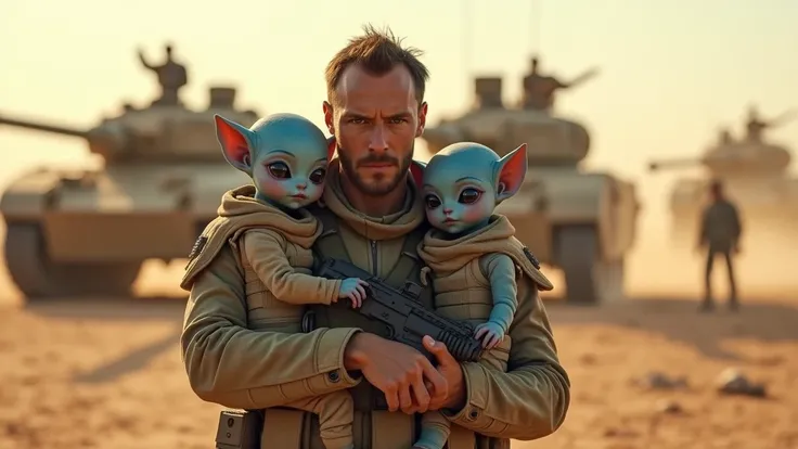 a soldier carrying two little blue cute alien girls, soldiers, tank, desert, best quality, 4k, 8k, highres, masterpiece:1.2, ultra-detailed, realistic, photorealistic, photo-realistic:1.37, HDR, UHD, studio lighting, ultra-fine painting, sharp focus, physi...