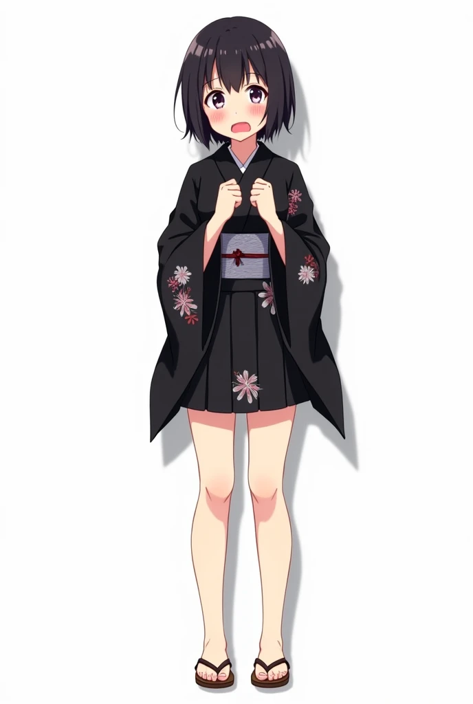 Anime girl with and standing in front of her full legs and geta yukata black and with flowers and worried and with a white background and full body and with pink nails and with fists on her chest both hands with an emotion of nervousness and with an expres...