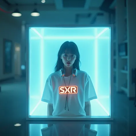 The young Korean k-pop model is trapped floating in a large glowing cubic box, wearing a glowing SXR logo t-shirt with high-tech headphones strapped to the neck.