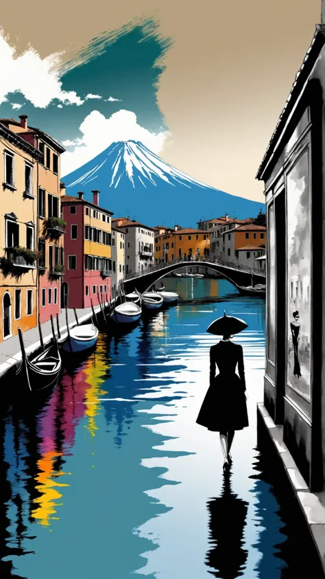 Create an ink-on-newspaper artwork in the style of Loui Jover (1.5), featuring a stunning European landscape that prominently showcases Vesuvio and the sea. Incorporate elements of Venezia and Switzerland and the iconic Audrey Hepburn, the renowned celebri...