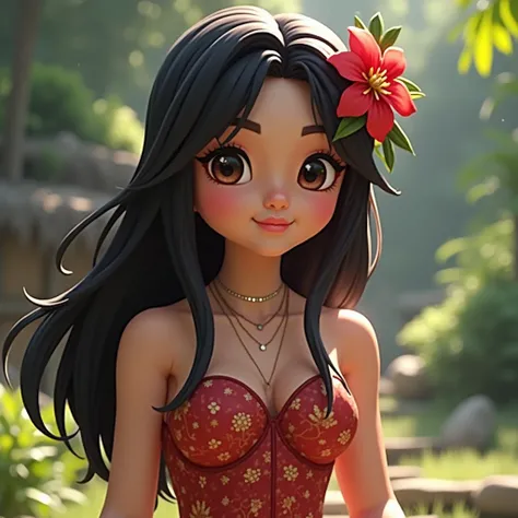 Make me a black haired minecraft character wearing a beautiful dress. Currently in Bali
