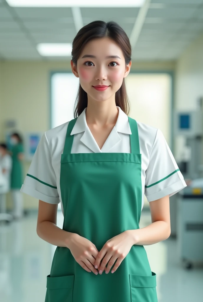 A beautiful nurse with his green colour  nursing apron