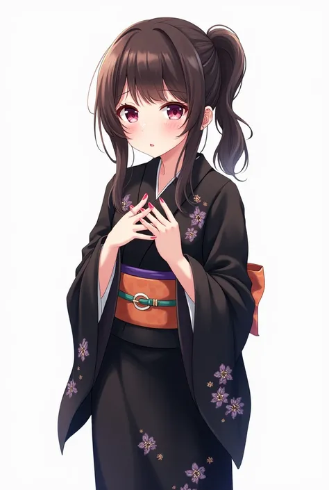 Anime girl with and standing in front of her full legs and throws a black kimono with flowers and worried and with a white background and full body and with pink nails and with fists on her chest both hands with an emotion of nervousness and with an expres...