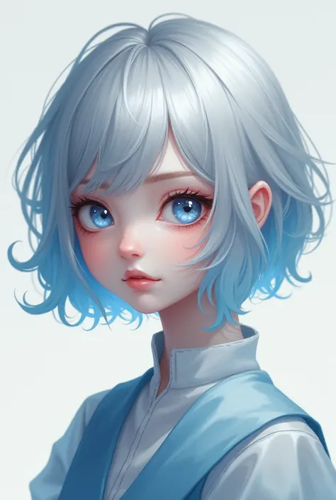 A girl with short hair, silver and blue, and two hair colors on the top and bottom; her left eyes are silver; her right eyes are blue, and her eyes are blue, and she has a beautiful appearance
