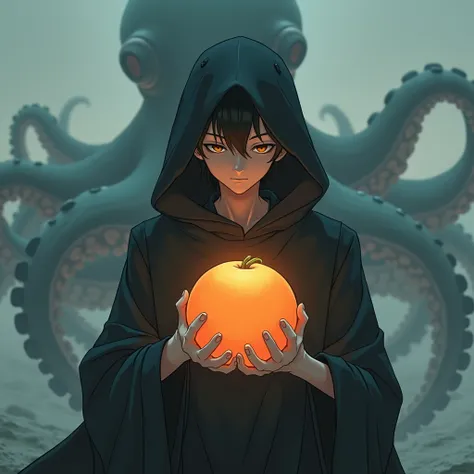 Anime man in a hood hugging orange fruit. On the back there is a large squishy octopus.