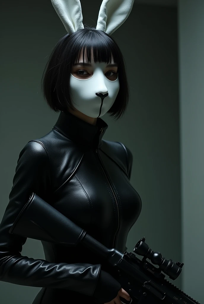 Best quality, high res, black short haired girl with bangs, chin-length hair, wearing a white rabbit COVERING HER FULL FACE MASK. Shes pretty. Wearing black leather jumper suit for assasin. Shes carrying a sniper riffle. Make it in low light