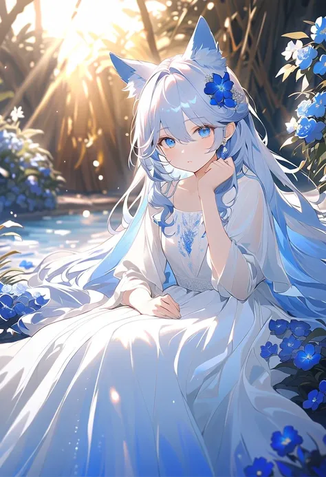 woman with wolf ears and a tail, graceful with an aura that exudes beauty and serenity, thin lips, this character has long white hair and adds blue hair in some strands of her hair like Furina Genshin Impact but her hair is full length unlike Furina her ha...