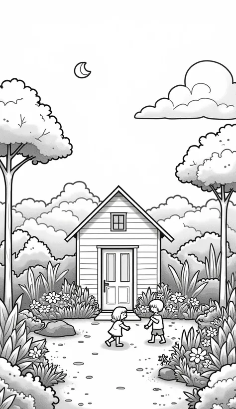 "Black-and-white outline of a  simple house  with a beautiful  garden And ren are playing in this garden for s to color"