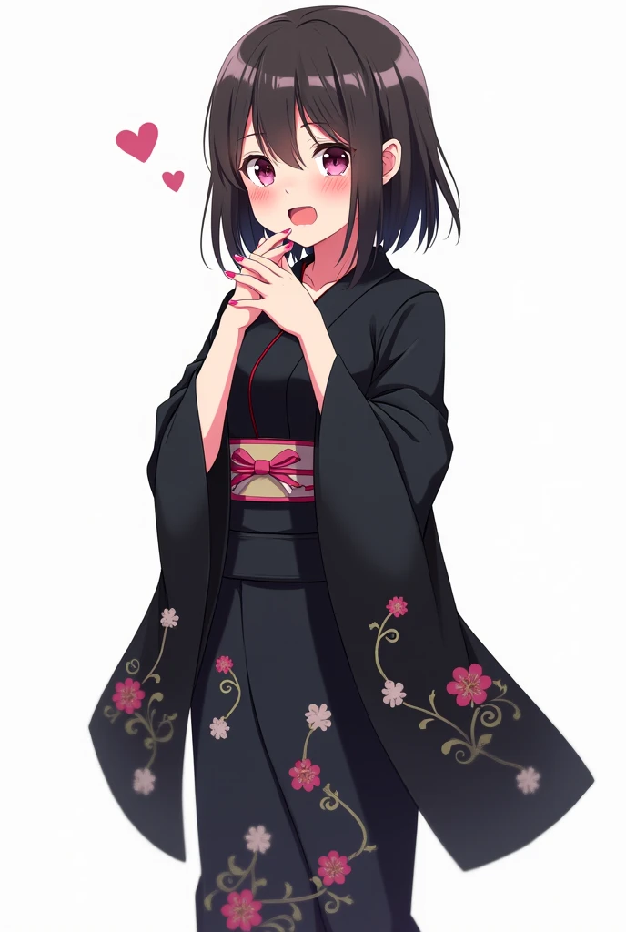 Anime girl with and standing in front of her full legs and throws a black kimono with flowers and worried and with a white background and full body and with pink nails and with fists on her chest both hands with an emotion of nervousness and with an expres...