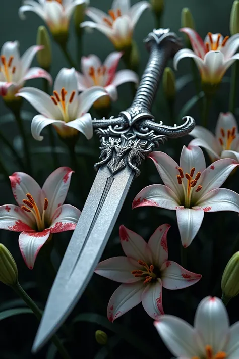 A dagger with a silver dragon handle on blood-stained lilies