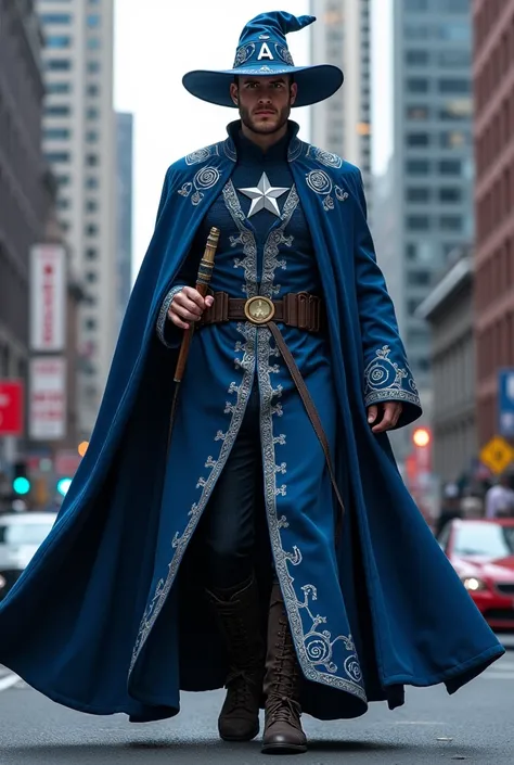 Captain America is on the street wearing a wizard costume.