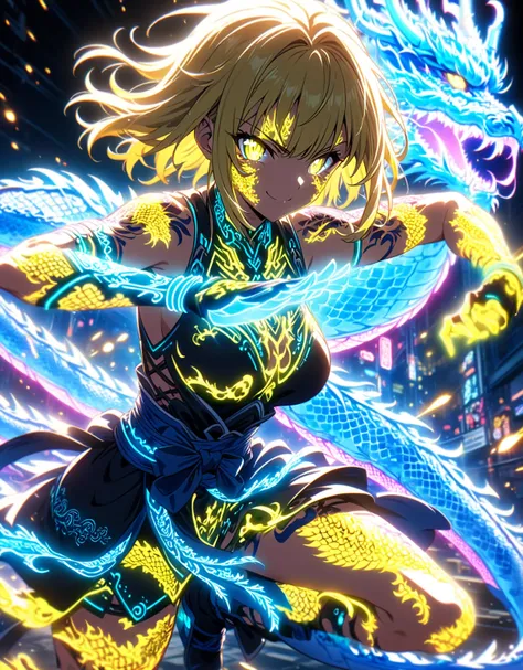 Smile,battle stance,Dynamic action blur,A Samurai girl ,low pose, long Yellow hair, blue Dragon tattoos on her face and body glows in neon light.battle stance, The glow illuminates the tattoo of Dragon on her leg, creating beautiful shadows. In the style o...