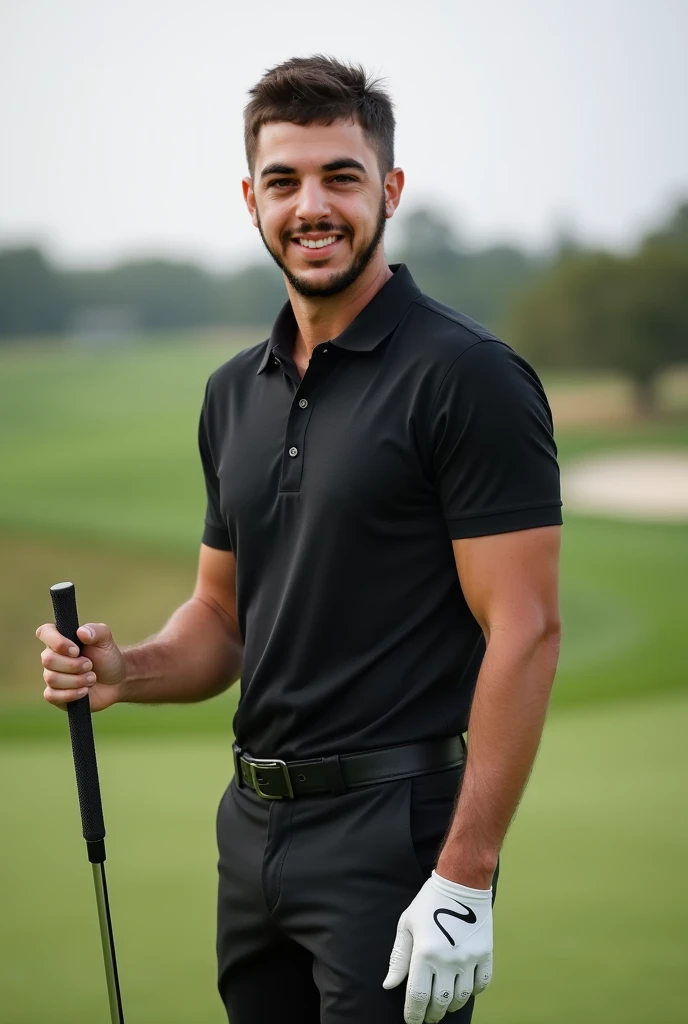 Take the provided image of a 26-year-old man with short, dark hair and a neatly trimmed beard, and enhance it to look like a professional LinkedIn profile photo while he is playing golf. The subject should be smiling gently, with no teeth showing, in a con...